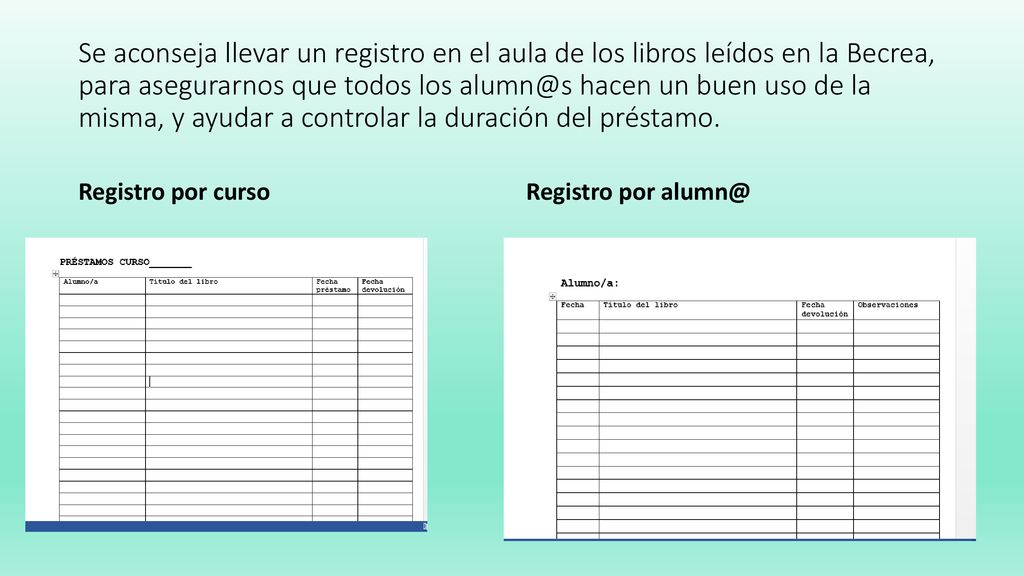 Se aconseja llevar un registro en el aula de los libros leídos en la Becrea, para asegurarnos que todos los hacen un buen uso de la misma, y ayudar a controlar la duración del préstamo.