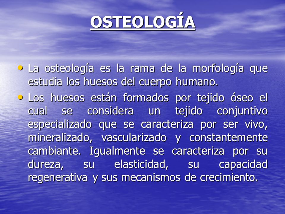 OSTEOLOGÍA La osteología es la rama de la morfología que estudia los huesos del cuerpo humano.