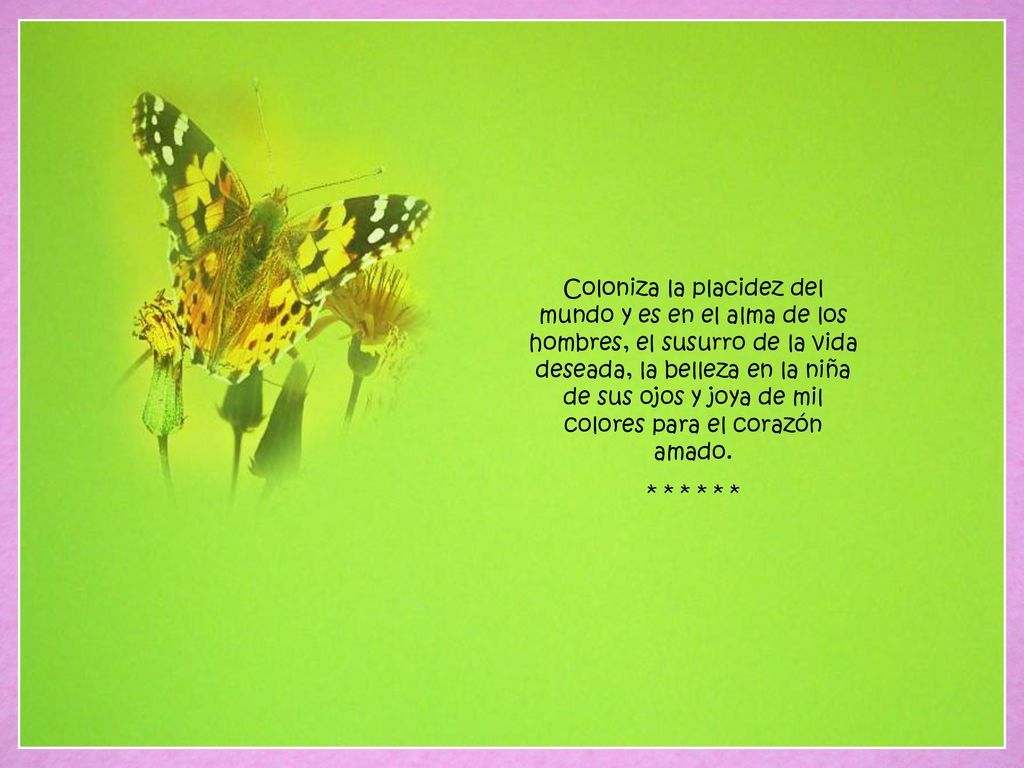 Coloniza la placidez del mundo y es en el alma de los hombres, el susurro de la vida deseada, la belleza en la niña de sus ojos y joya de mil colores para el corazón amado.