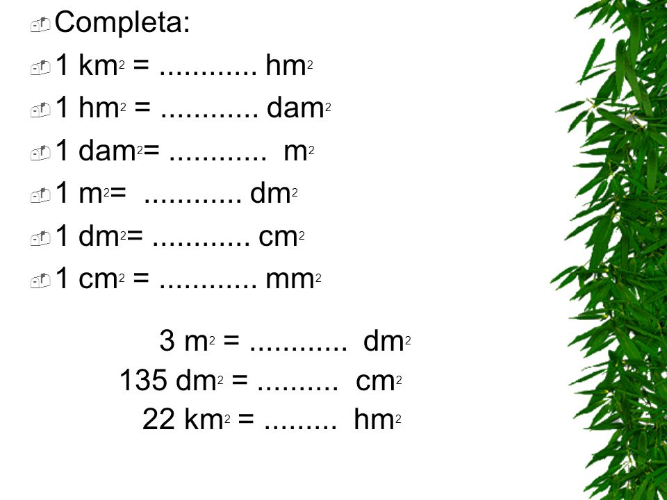Completa: 1 km2 = hm2. 1 hm2 = dam2. 1 dam2= m2. 1 m2= dm2.