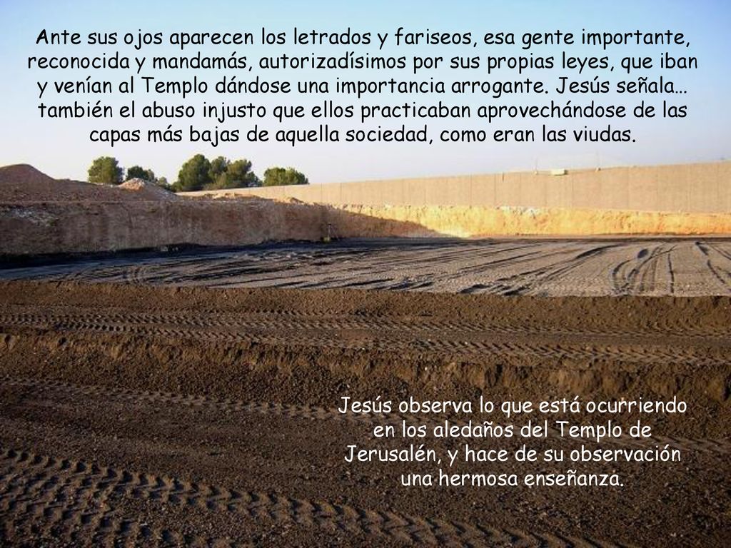 Ante sus ojos aparecen los letrados y fariseos, esa gente importante, reconocida y mandamás, autorizadísimos por sus propias leyes, que iban y venían al Templo dándose una importancia arrogante. Jesús señala… también el abuso injusto que ellos practicaban aprovechándose de las capas más bajas de aquella sociedad, como eran las viudas.