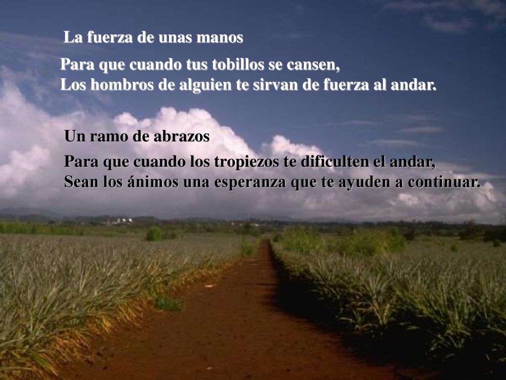 La fuerza de unas manos Para que cuando tus tobillos se cansen, Los hombros de alguien te sirvan de fuerza al andar.