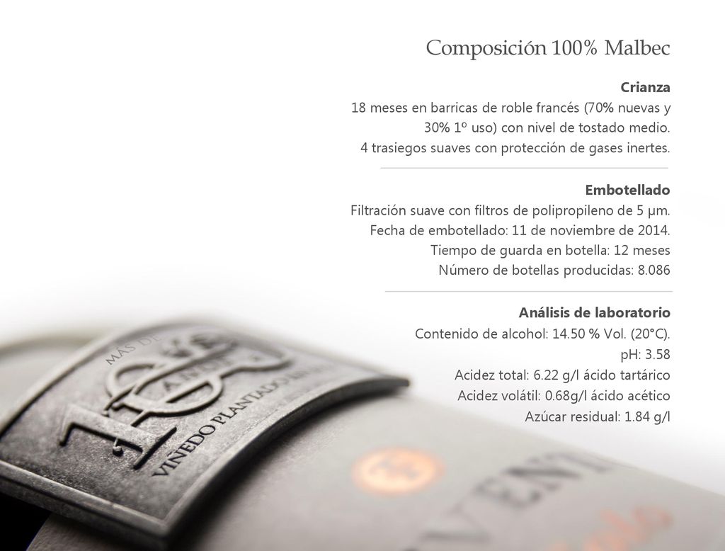 Composición 100% Malbec Crianza Embotellado Análisis de laboratorio