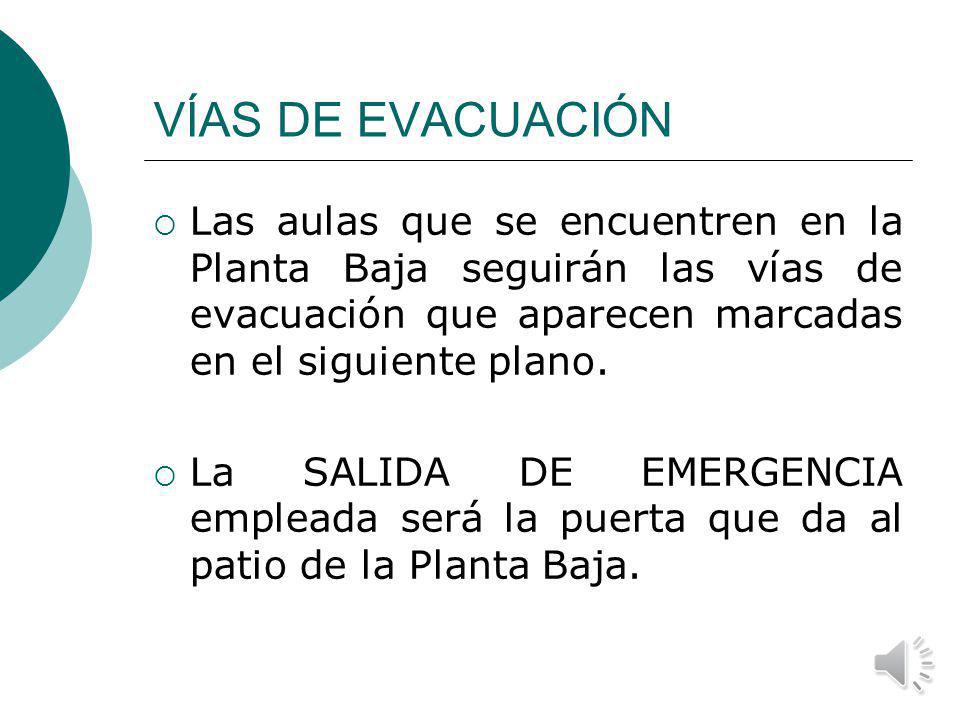 VÍAS DE EVACUACIÓN Las aulas que se encuentren en la Planta Baja seguirán las vías de evacuación que aparecen marcadas en el siguiente plano.