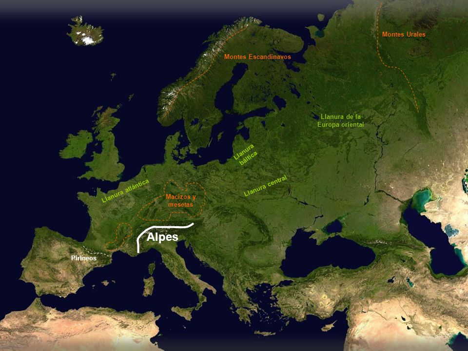 Alpes Montes Urales Montes Escandinavos Llanura de la Europa oriental
