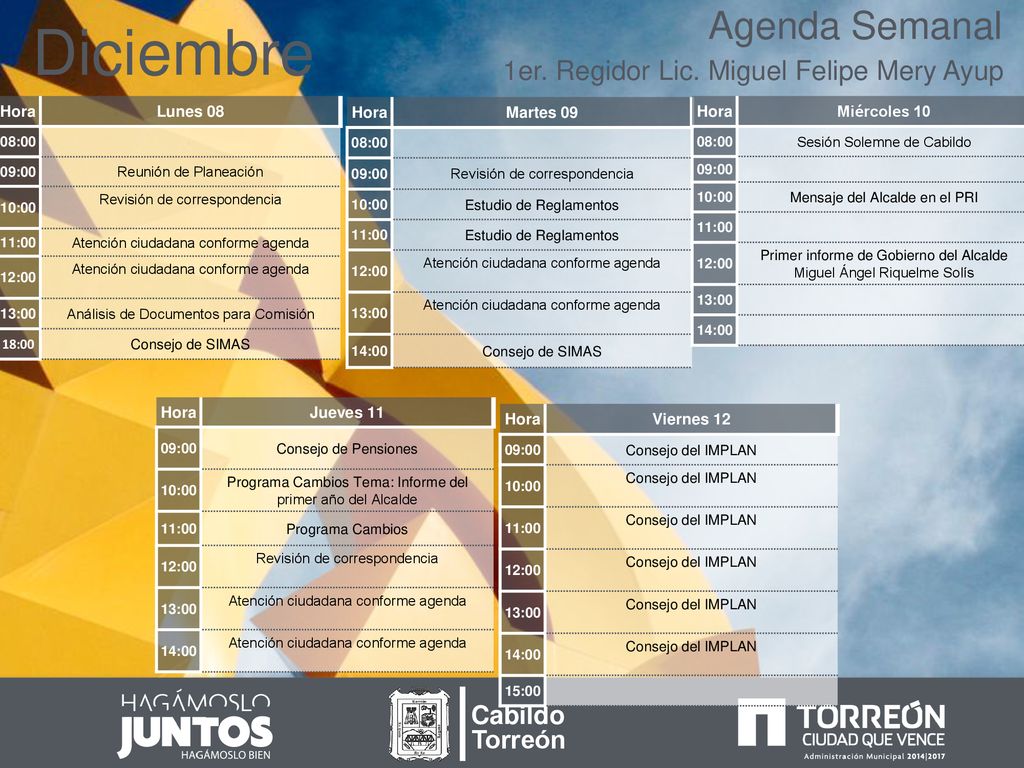 Diciembre Agenda Semanal 1er. Regidor Lic. Miguel Felipe Mery Ayup
