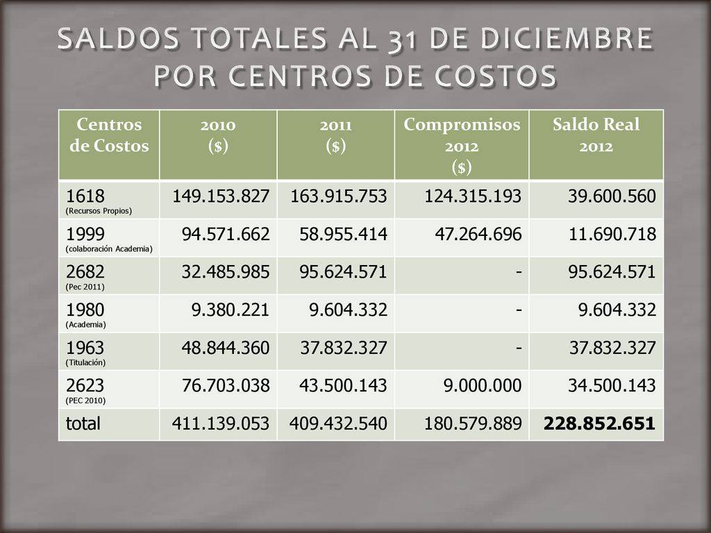 SALDOS TOTALES AL 31 DE DICIEMBRE POR CENTROS DE COSTOS