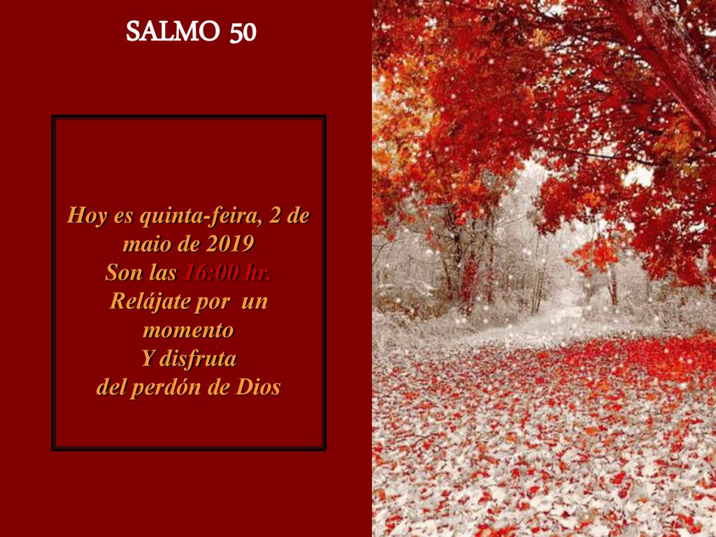 SALMO 50 Hoy es quinta-feira, 2 de maio de 2019quinta-feira, 2 de maio de Son las 16:00 hr. Relájate por un momento.
