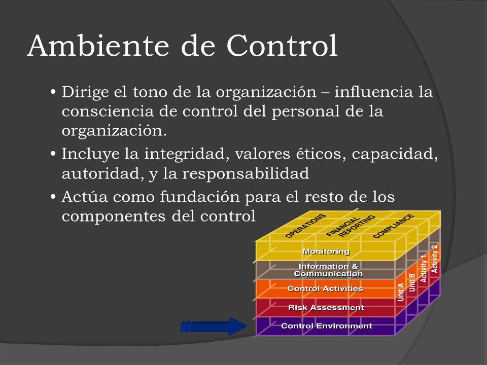 Ambiente de Control Dirige el tono de la organización – influencia la consciencia de control del personal de la organización.