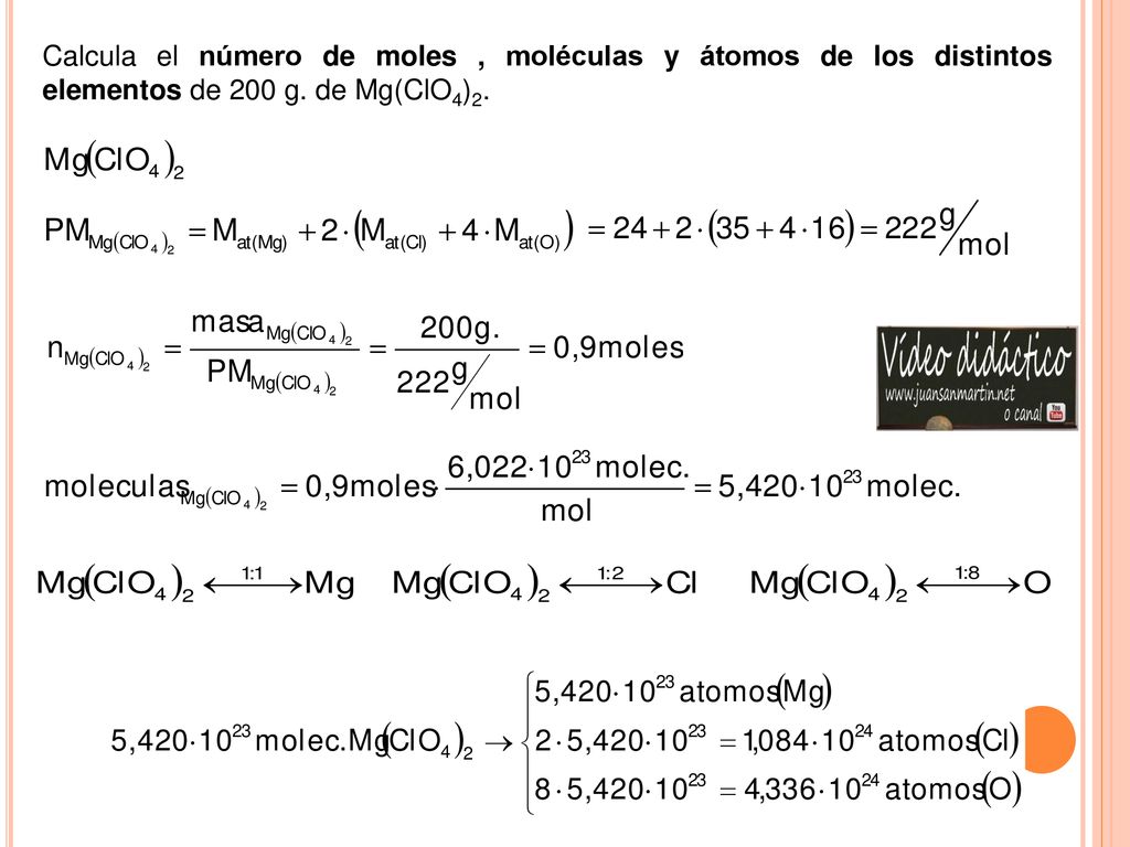 Calcula el número de moles , moléculas y átomos de los distintos elementos de 200 g. de Mg(ClO4)2.