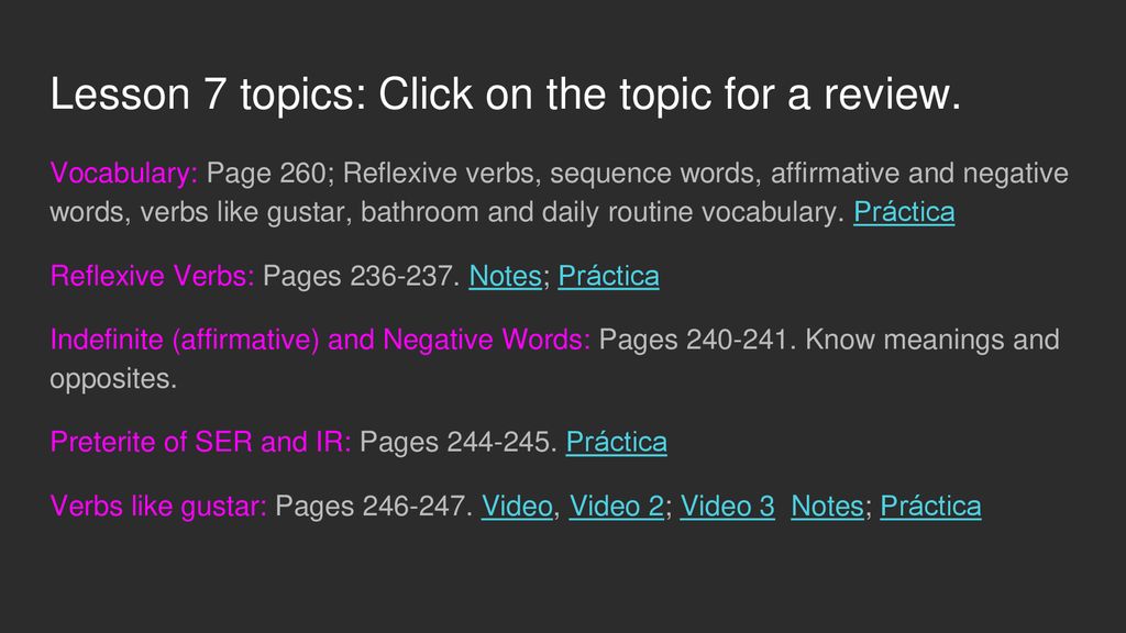 Lesson 7 topics: Click on the topic for a review.