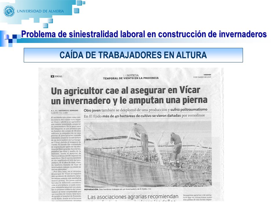 Problema de siniestralidad laboral en construcción de invernaderos