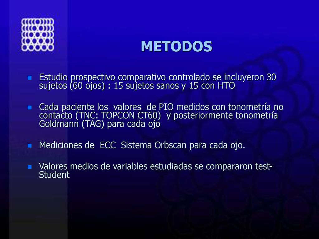 METODOS Estudio prospectivo comparativo controlado se incluyeron 30 sujetos (60 ojos) : 15 sujetos sanos y 15 con HTO.