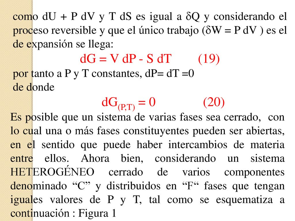 como dU + P dV y T dS es igual a Q y considerando el proceso reversible y que el único trabajo (W = P dV ) es el de expansión se llega: