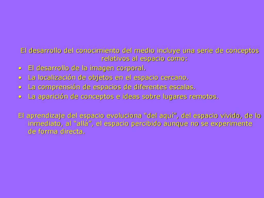 El desarrollo del conocimiento del medio incluye una serie de conceptos relativos al espacio como: