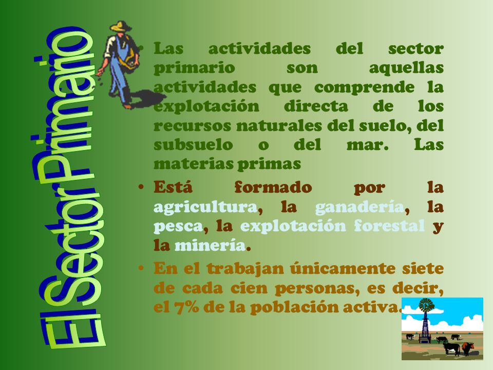 Las actividades del sector primario son aquellas actividades que comprende la explotación directa de los recursos naturales del suelo, del subsuelo o del mar. Las materias primas