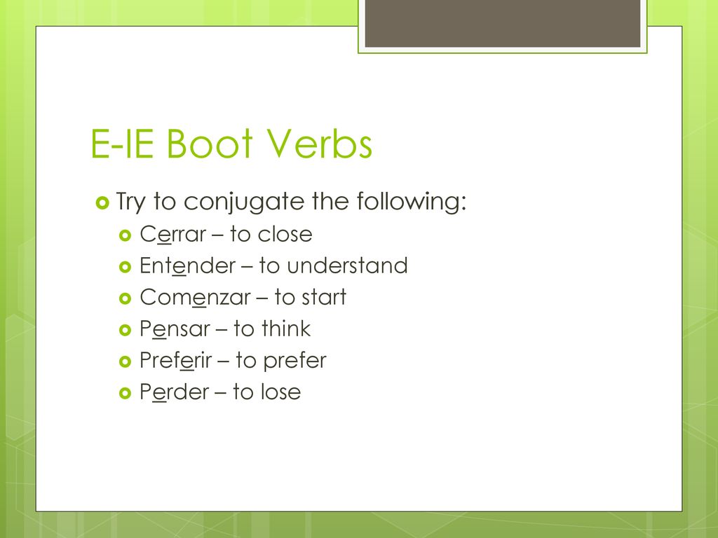 E-IE Boot Verbs Try to conjugate the following: Cerrar – to close