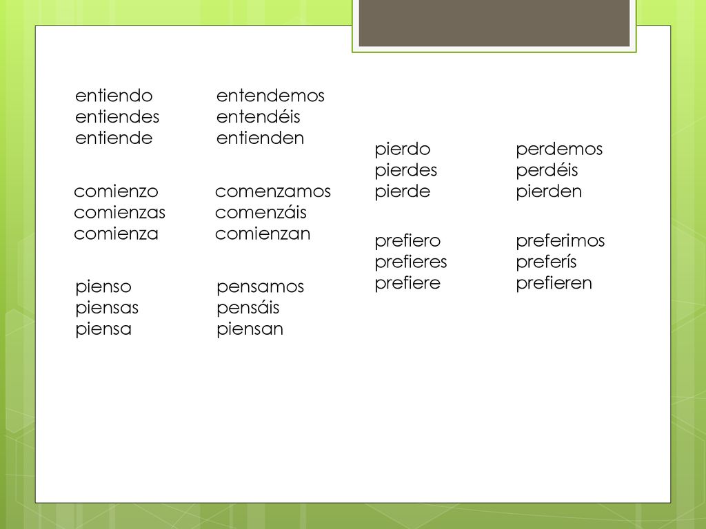 entiendo entendemos entiendes entendéis. entiende entienden. pierdo perdemos. pierdes perdéis.