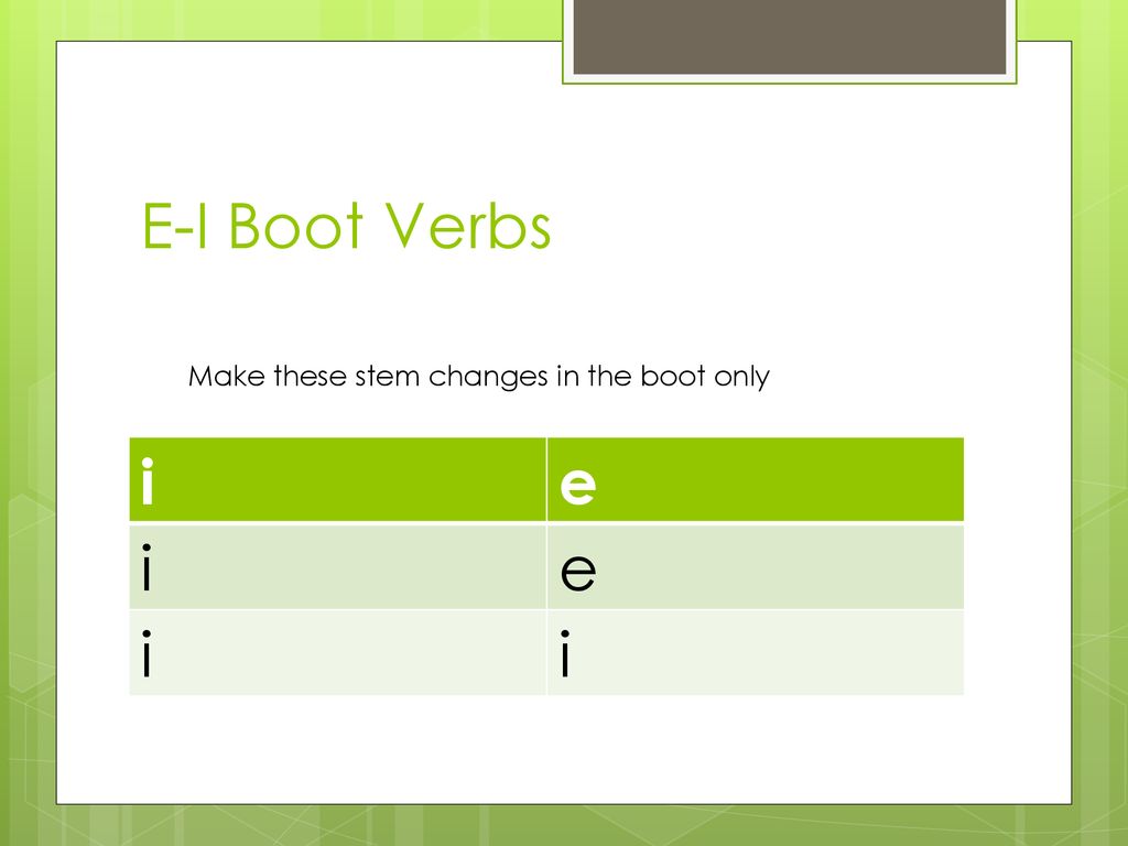 E-I Boot Verbs Make these stem changes in the boot only i e