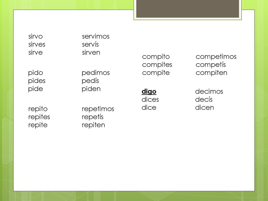 sirvo servimos sirves servís. sirve sirven. compito competimos. compites competís. compite compiten.