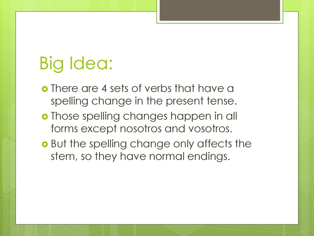 Big Idea: There are 4 sets of verbs that have a spelling change in the present tense.