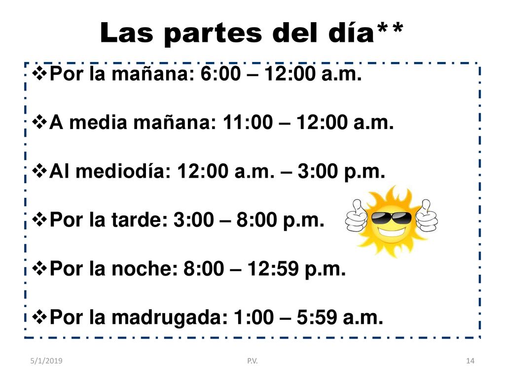 Las partes del día** Por la mañana: 6:00 – 12:00 a.m.