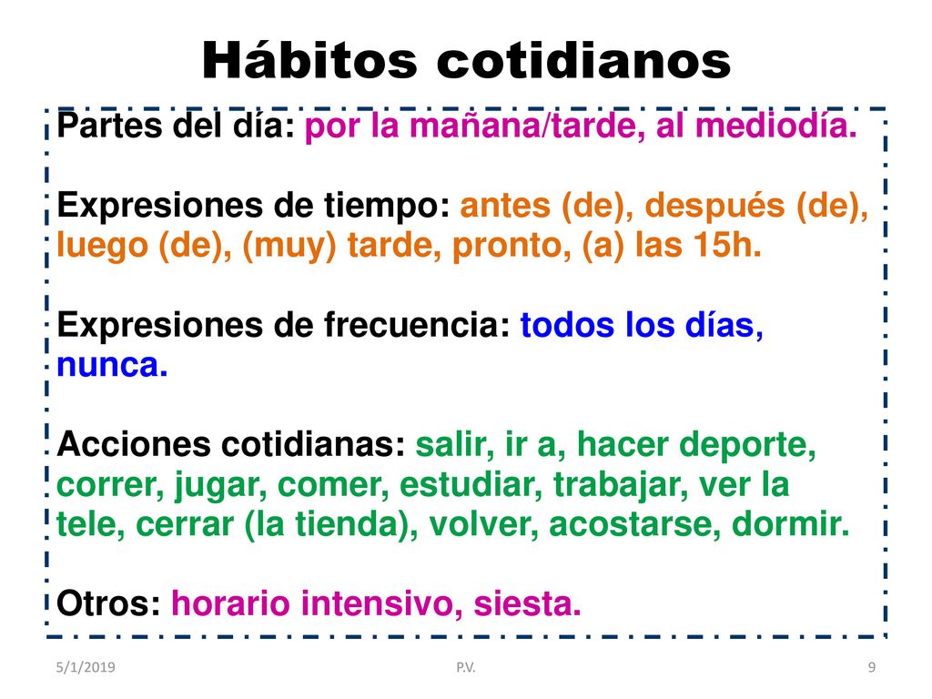 Hábitos cotidianos Partes del día: por la mañana/tarde, al mediodía.