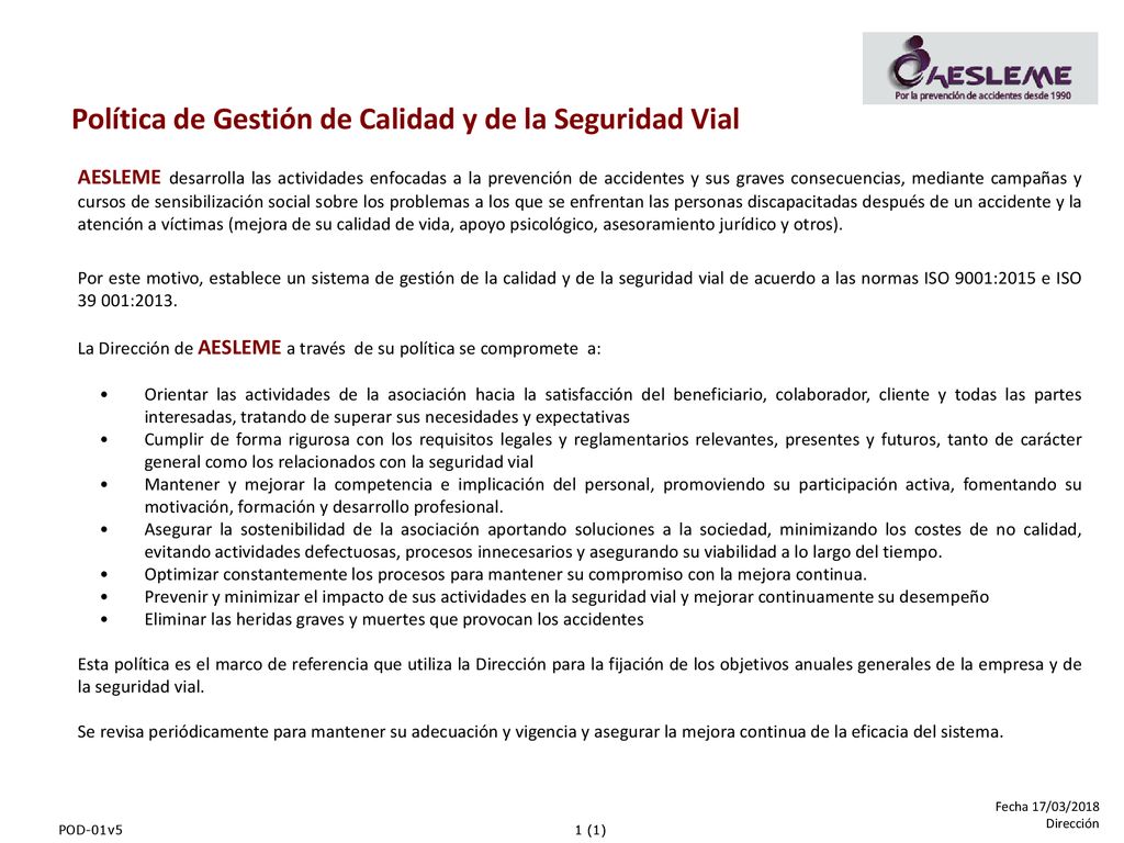 Política de Gestión de Calidad y de la Seguridad Vial