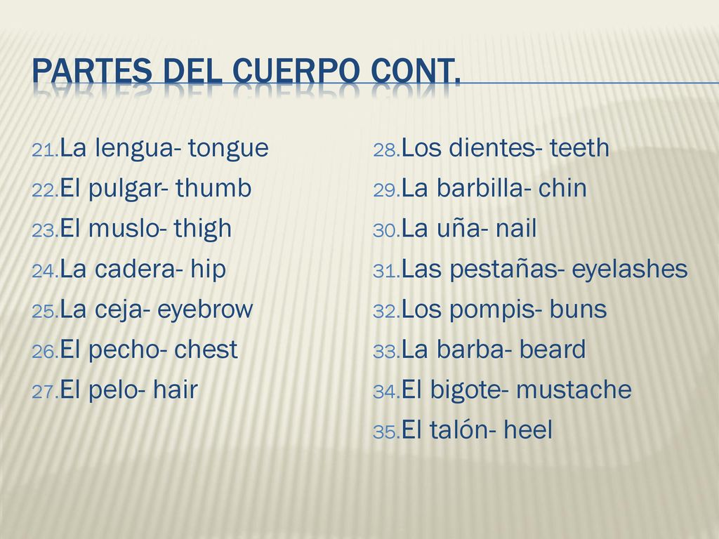 Partes del cuerpo cont. La lengua- tongue El pulgar- thumb