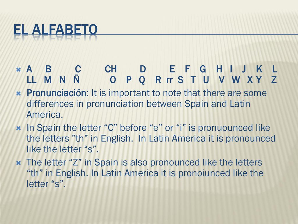 El alfabeto A B C CH D E F G H I J K L LL M N Ñ O P Q R rr S T U V W X Y Z.