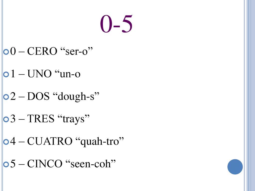 0-5 0 – CERO ser-o 1 – UNO un-o 2 – DOS dough-s 3 – TRES trays