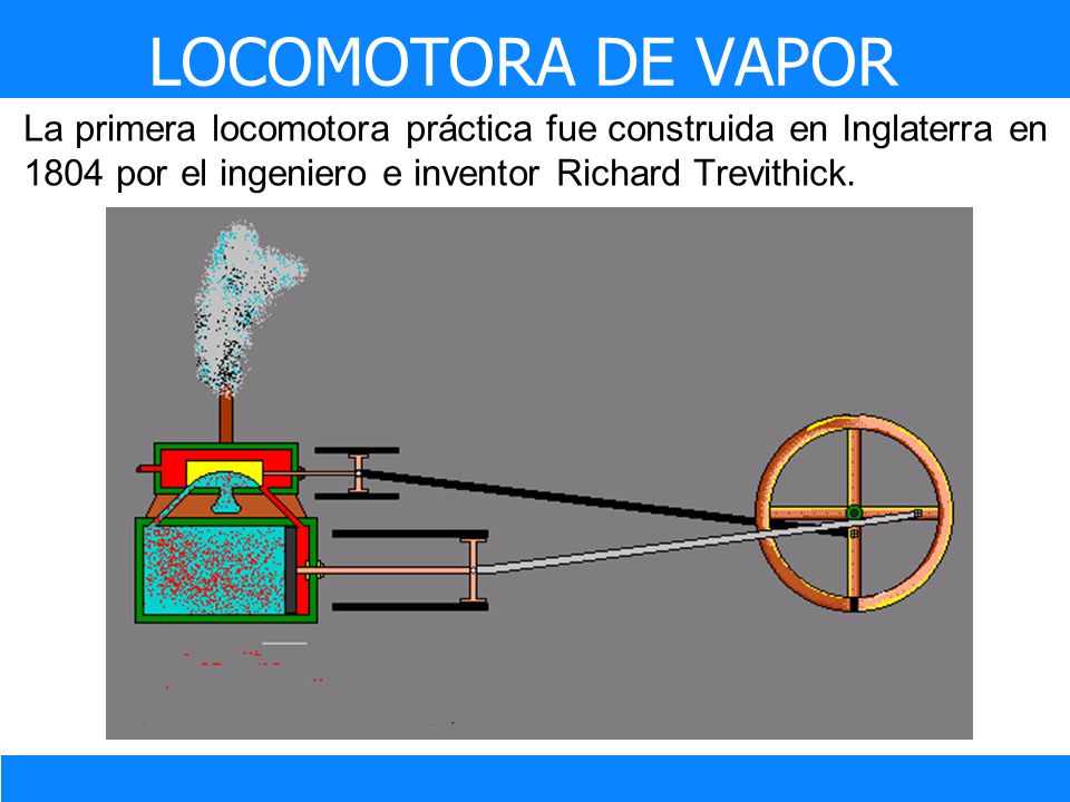 LOCOMOTORA DE VAPOR La primera locomotora práctica fue construida en Inglaterra en 1804 por el ingeniero e inventor Richard Trevithick.