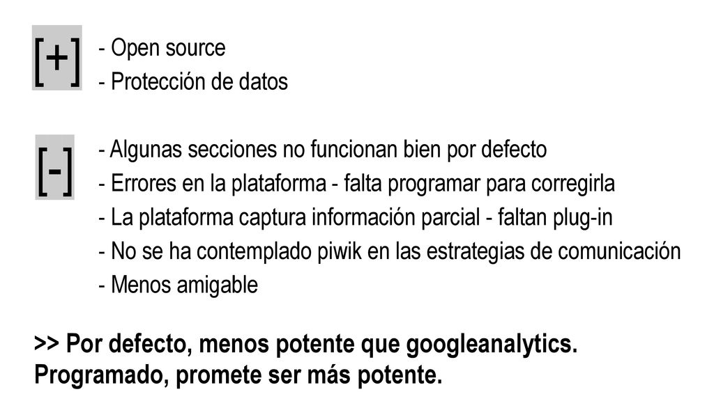 [+] [-] >> Por defecto, menos potente que googleanalytics.