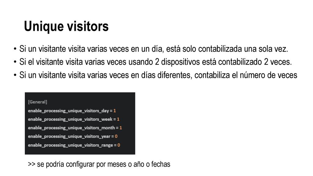 Unique visitors Si un visitante visita varias veces en un día, está solo contabilizada una sola vez.