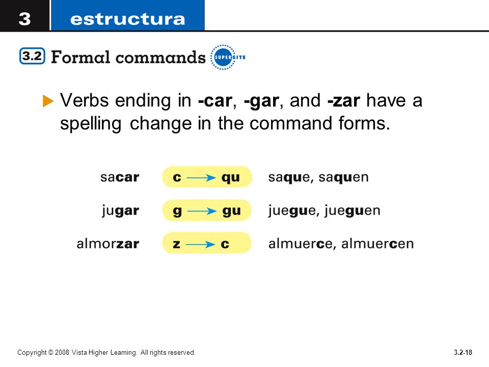 Verbs ending in -car, -gar, and -zar have a spelling change in the command forms.