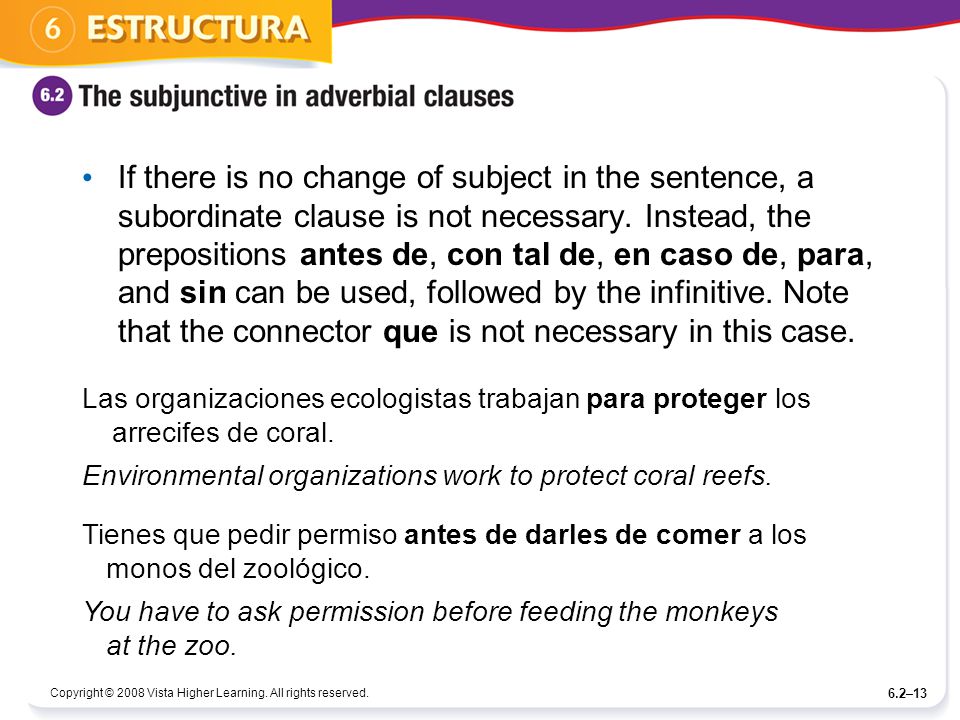 If there is no change of subject in the sentence, a subordinate clause is not necessary. Instead, the prepositions antes de, con tal de, en caso de, para, and sin can be used, followed by the infinitive. Note that the connector que is not necessary in this case.
