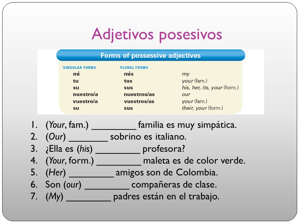 Adjetivos posesivos (Your, fam.) ________ familia es muy simpática.