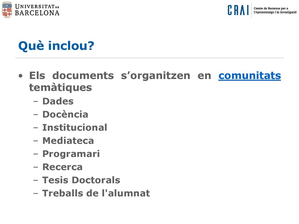 Què inclou Els documents s’organitzen en comunitats temàtiques Dades