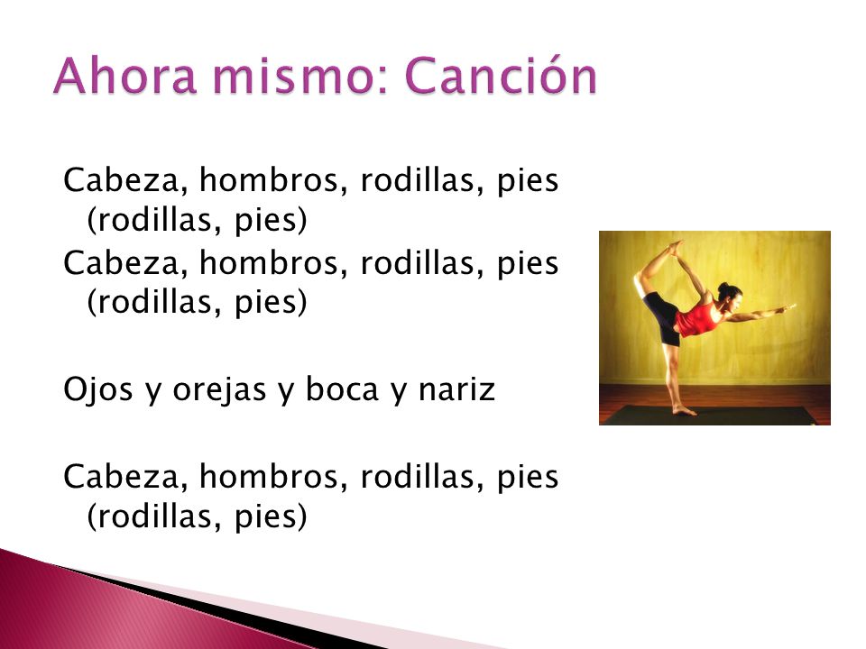 Ahora mismo: Canción Cabeza, hombros, rodillas, pies (rodillas, pies) Ojos y orejas y boca y nariz