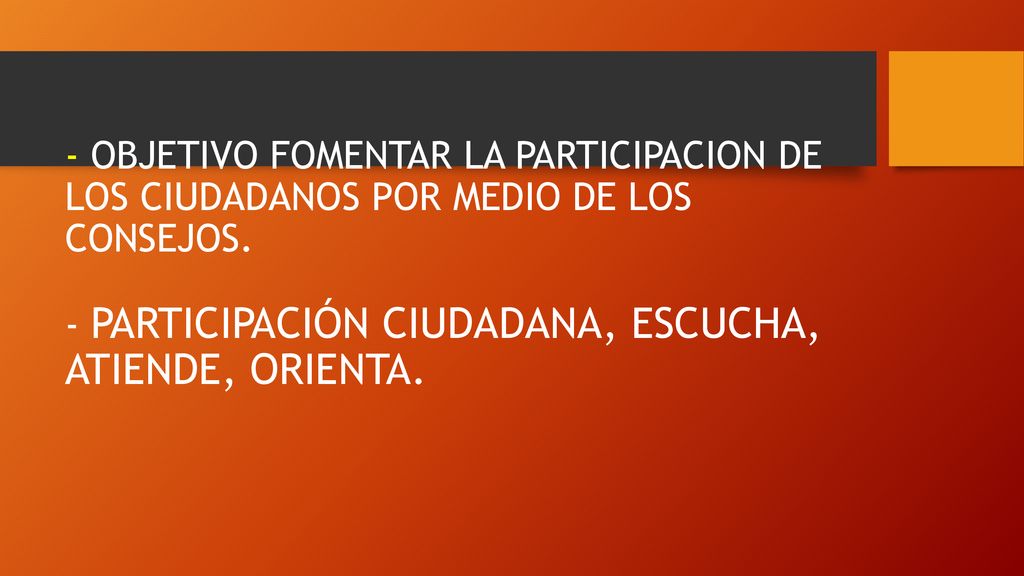 - OBJETIVO FOMENTAR LA PARTICIPACION DE LOS CIUDADANOS POR MEDIO DE LOS CONSEJOS.