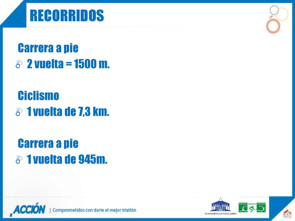 recorridos Carrera a pie 2 vuelta = 1500 m. Ciclismo