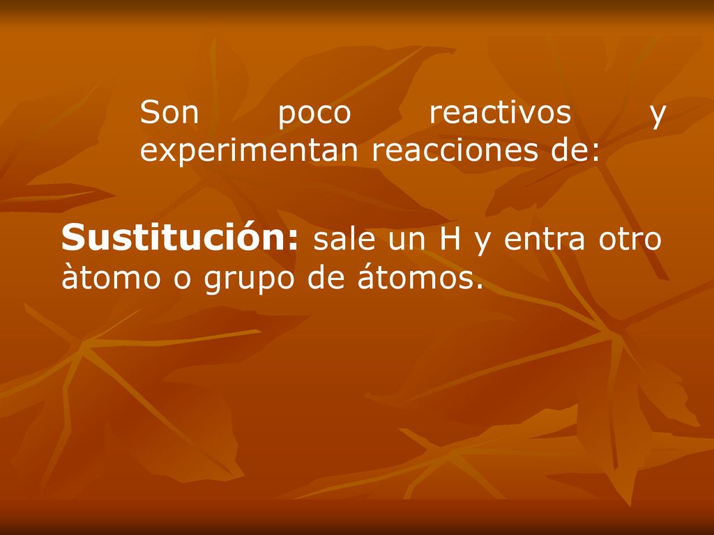 Sustitución: sale un H y entra otro àtomo o grupo de átomos.