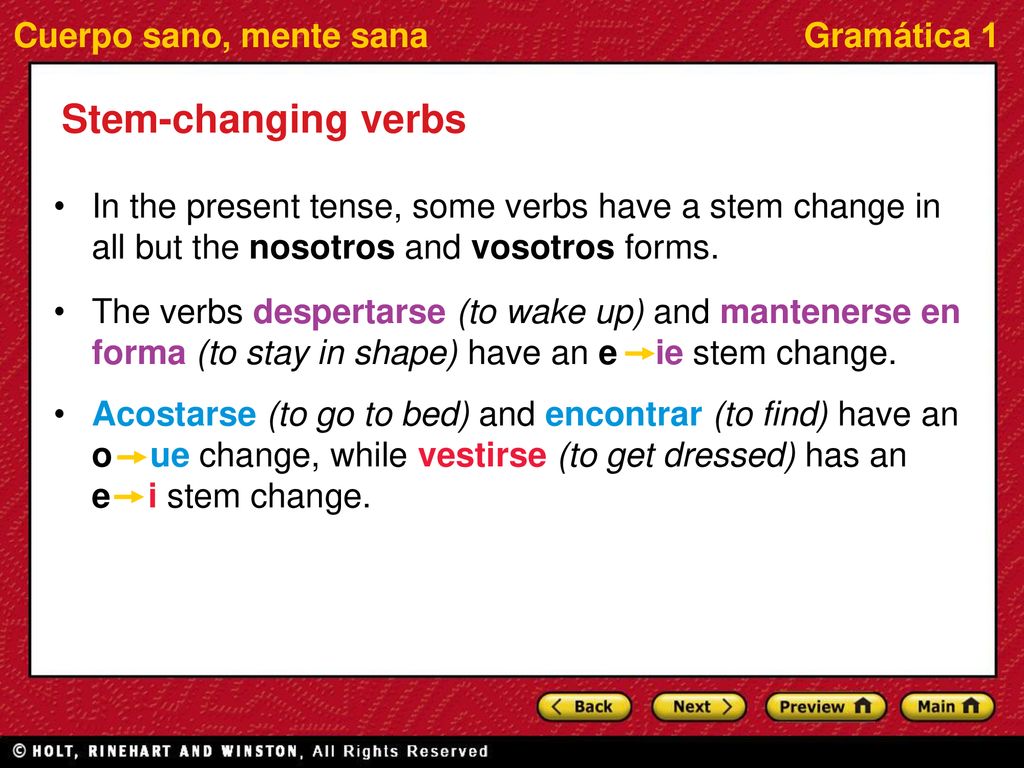 Stem-changing verbs In the present tense, some verbs have a stem change in all but the nosotros and vosotros forms.