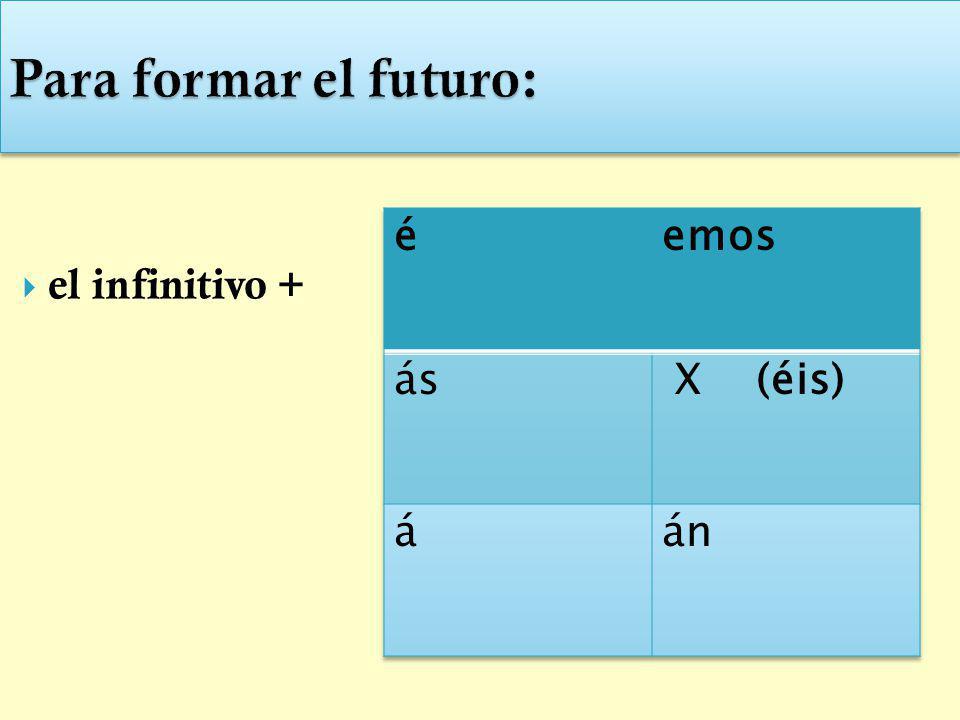 Para formar el futuro: el infinitivo + é emos ás X (éis) á án