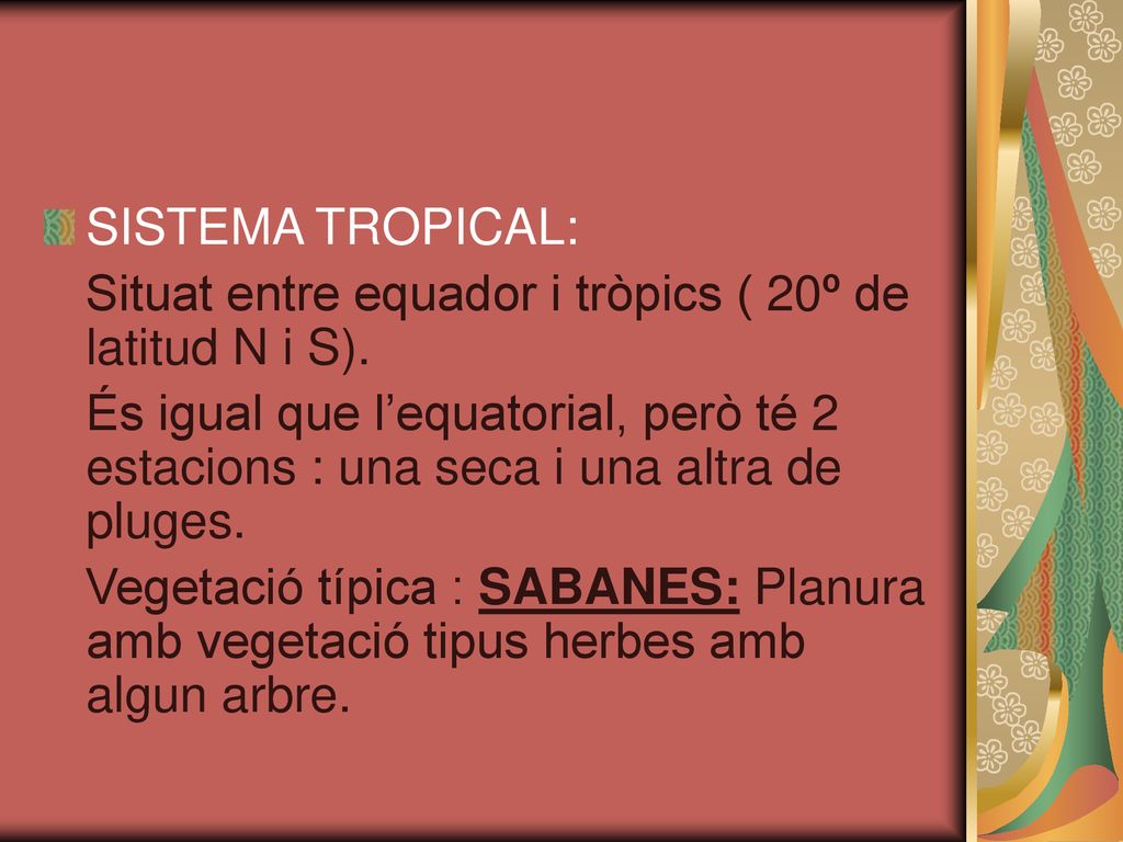 SISTEMA TROPICAL: Situat entre equador i tròpics ( 20º de latitud N i S).