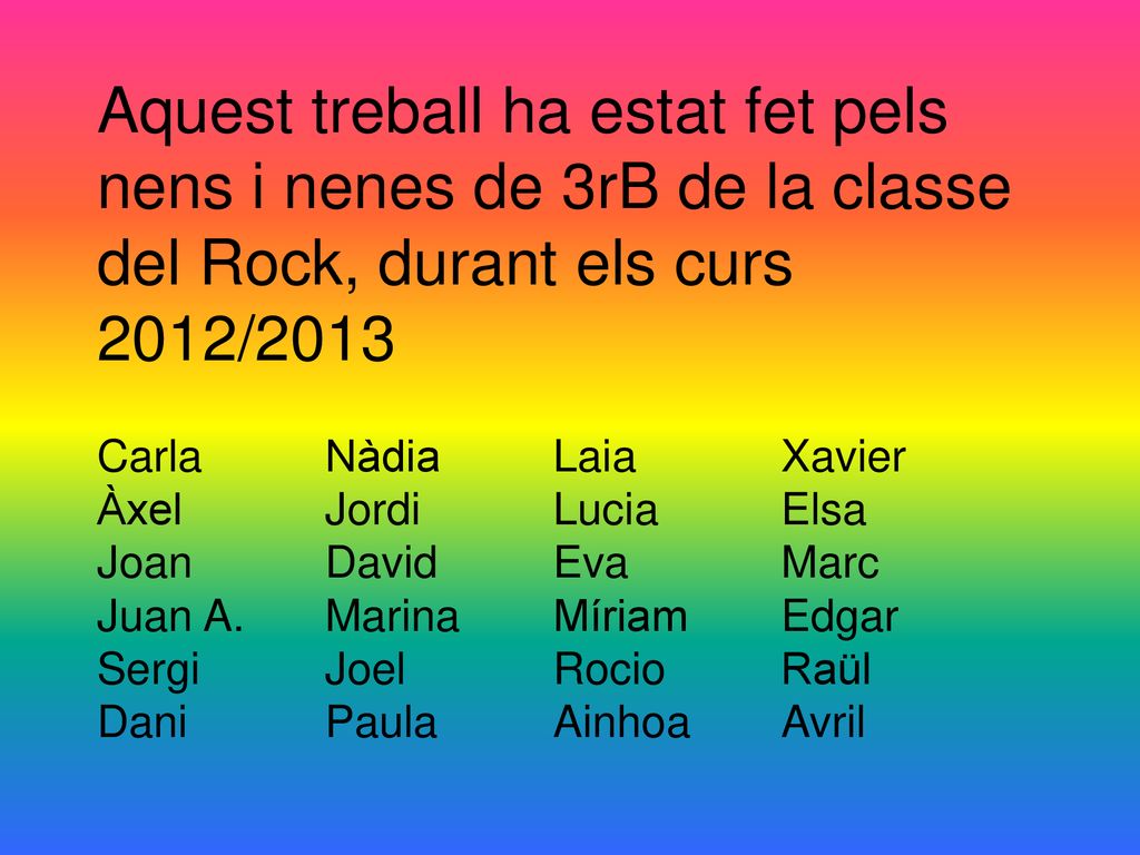 Aquest treball ha estat fet pels nens i nenes de 3rB de la classe del Rock, durant els curs 2012/2013 Carla Nàdia Laia Xavier Àxel Jordi Lucia Elsa Joan David Eva Marc Juan A. Marina Míriam Edgar Sergi Joel Rocio Raül Dani Paula Ainhoa Avril