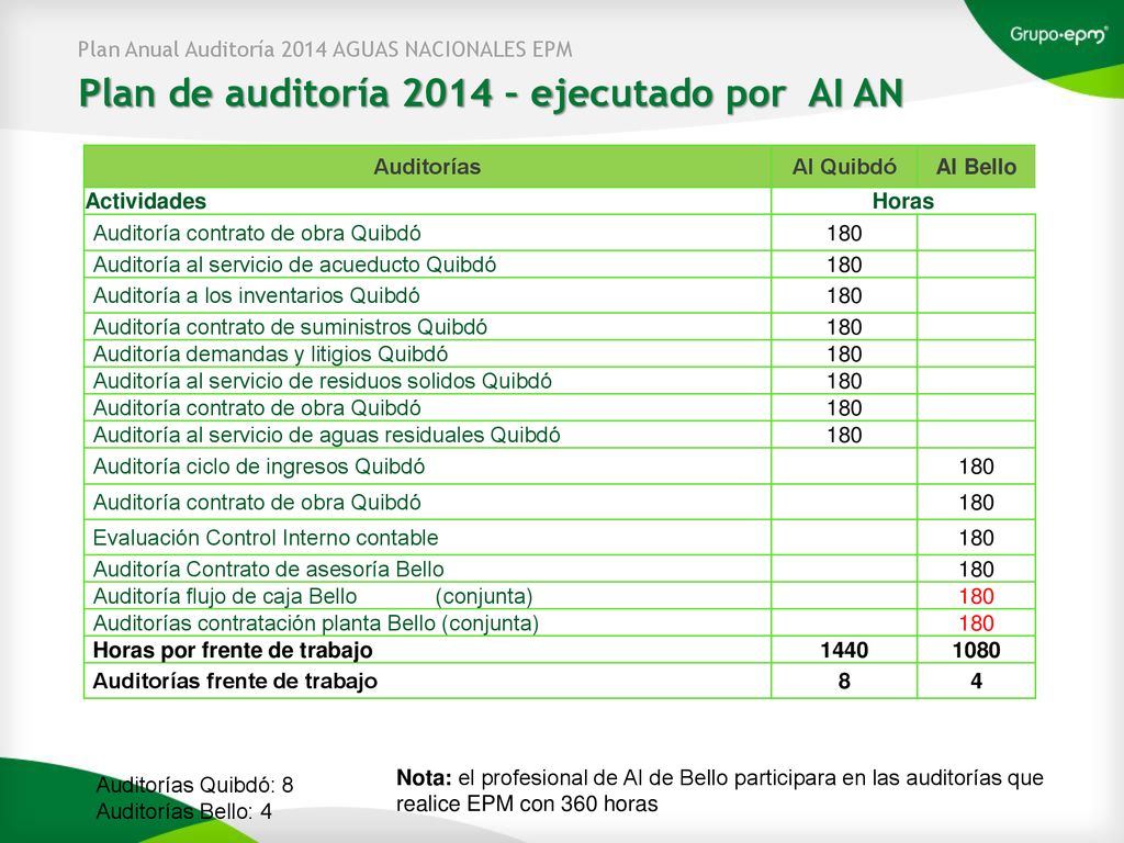 Plan de auditoría 2014 – ejecutado por AI AN