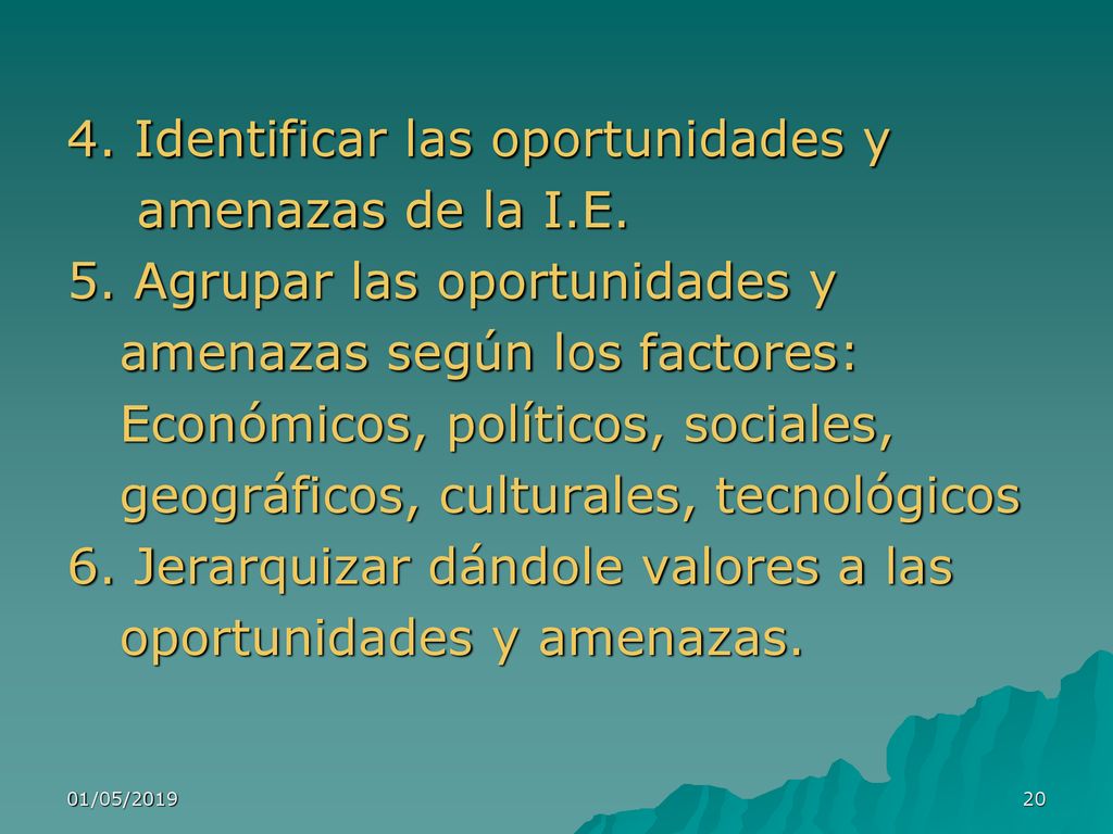 4. Identificar las oportunidades y amenazas de la I.E.
