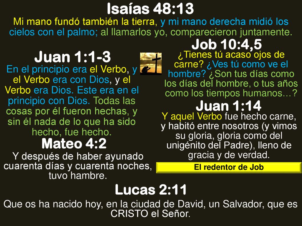 Isaías 48:13 Juan 1:1-3 Job 10:4,5 Juan 1:14 Mateo 4:2 Lucas 2:11