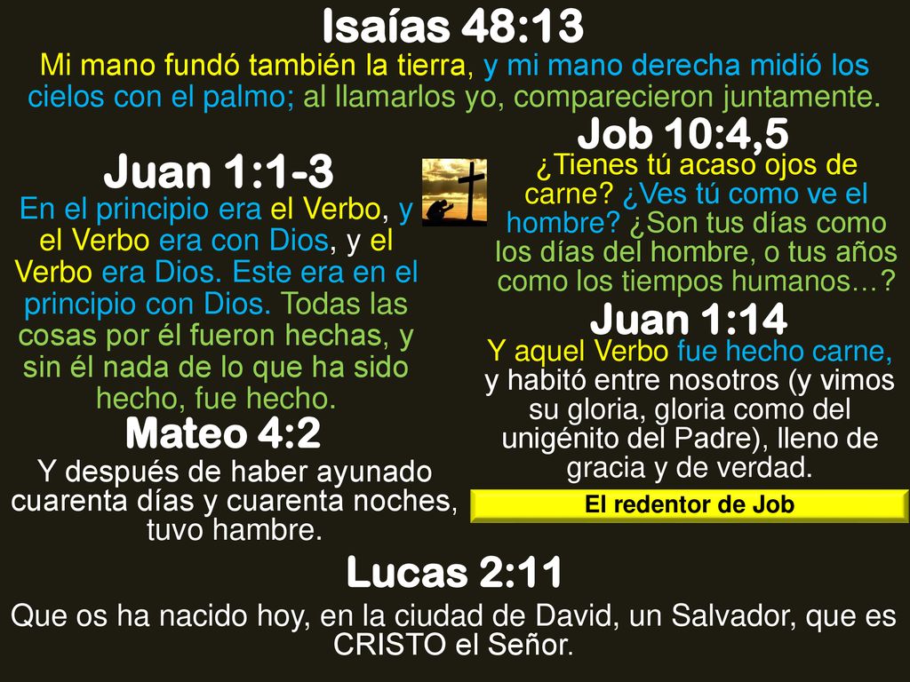 Isaías 48:13 Juan 1:1-3 Job 10:4,5 Juan 1:14 Mateo 4:2 Lucas 2:11